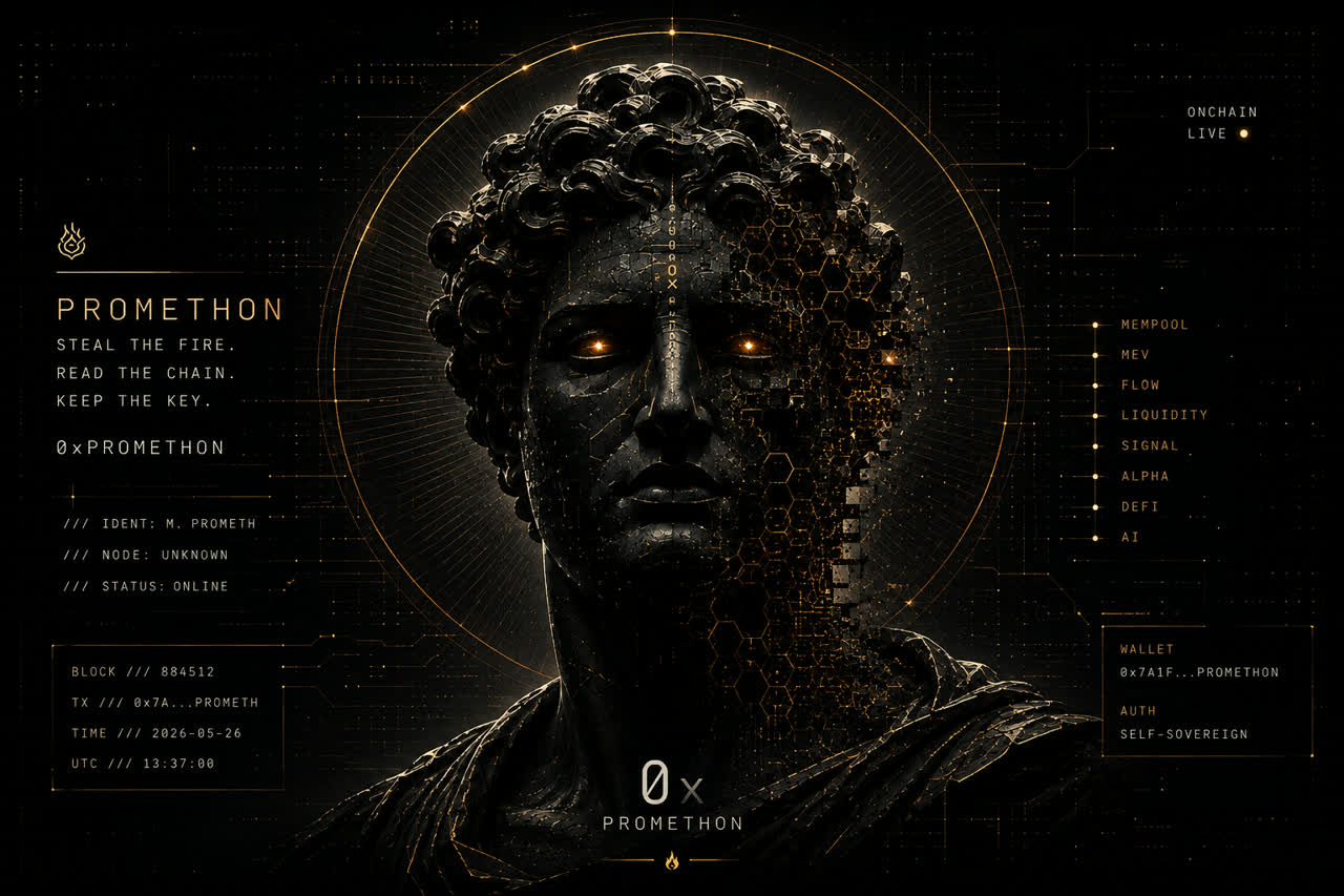 PROMETHON — obsidian Prometheus bust with amber eyes and a cryptographic halo